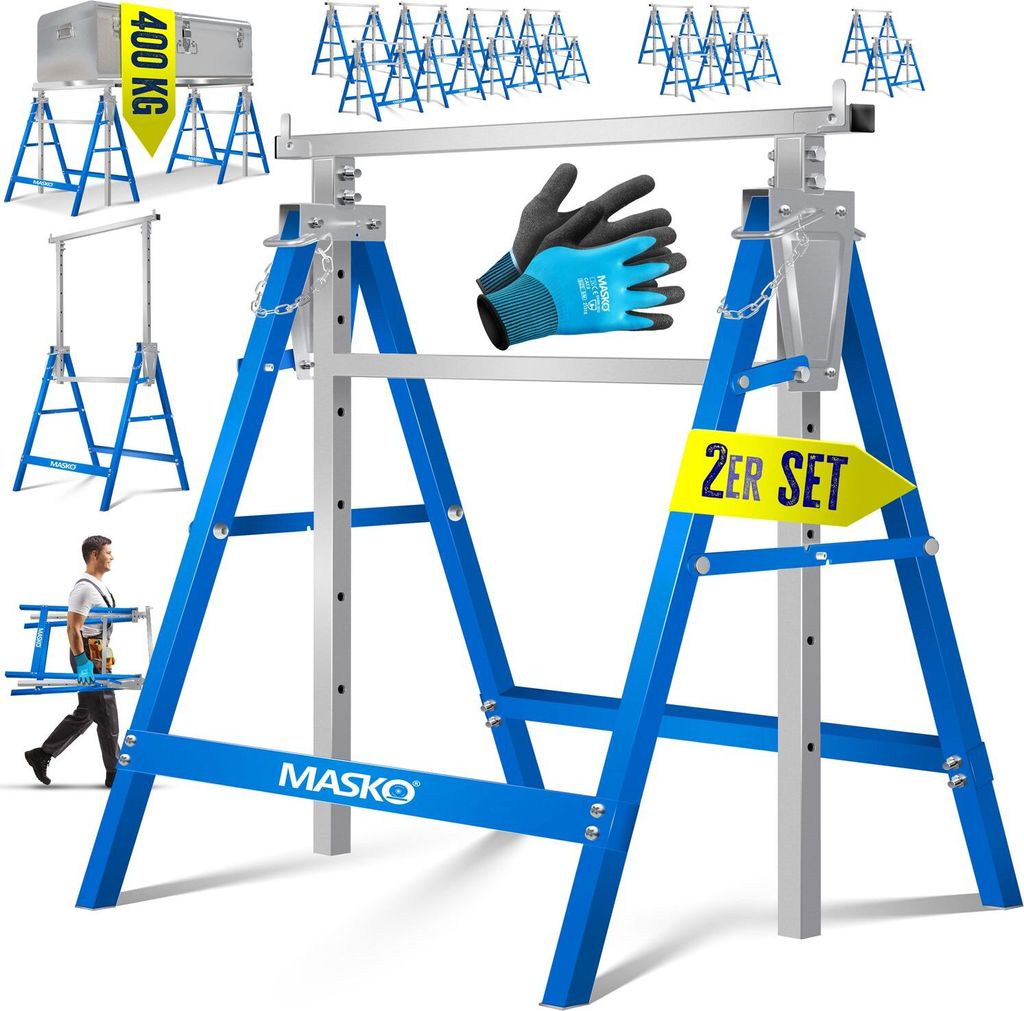 MASKO Teleskop-Arbeitsbock Untergestell | Klappbock max. Belastbarkeit 200 kg | Unterstellbock höhenverstellbar Min. / max. Arbeitshöhe 800-130...