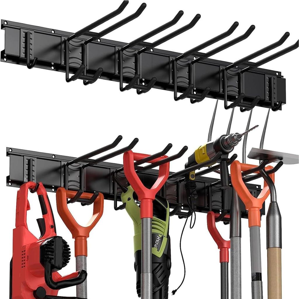 Gerätehalter mit 6 Wandhaken, Werkzeughalter Gartengeräte Aufhängung für Garage Organisation, Garten, Hof, Keller, Schwarz