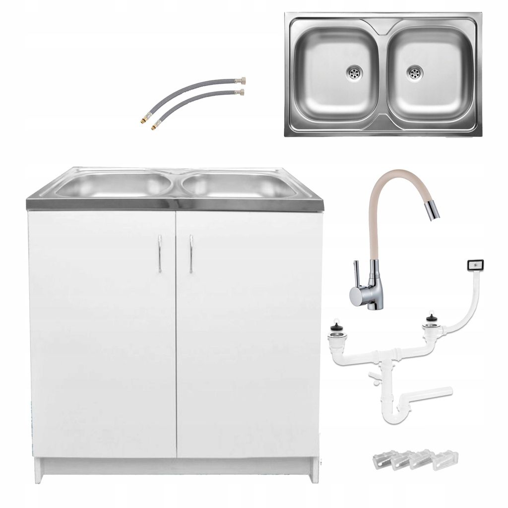 Stamar | Küchenschrank, Weiß, Spüle 2 Becken, 80 cm, Flexibler Wasserhahn Beige, Siphon