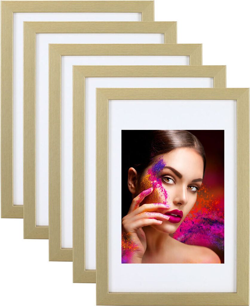 2er 3er 5er Set Holz Bilderrahmen Lifestyle Plexi Foto Rahmen Collage Wanddeko Poster HR-25 - Farbe: 5er Pack Gold | Format: 40x50