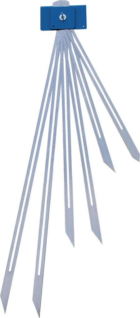 A blue device with multiple metal strips extending downwards.
