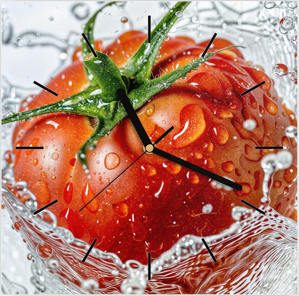 Wanduhr aus Glas mit Motiv Tomate im Wasser- 30 x 30 cm - inkl. Aufhängesystem