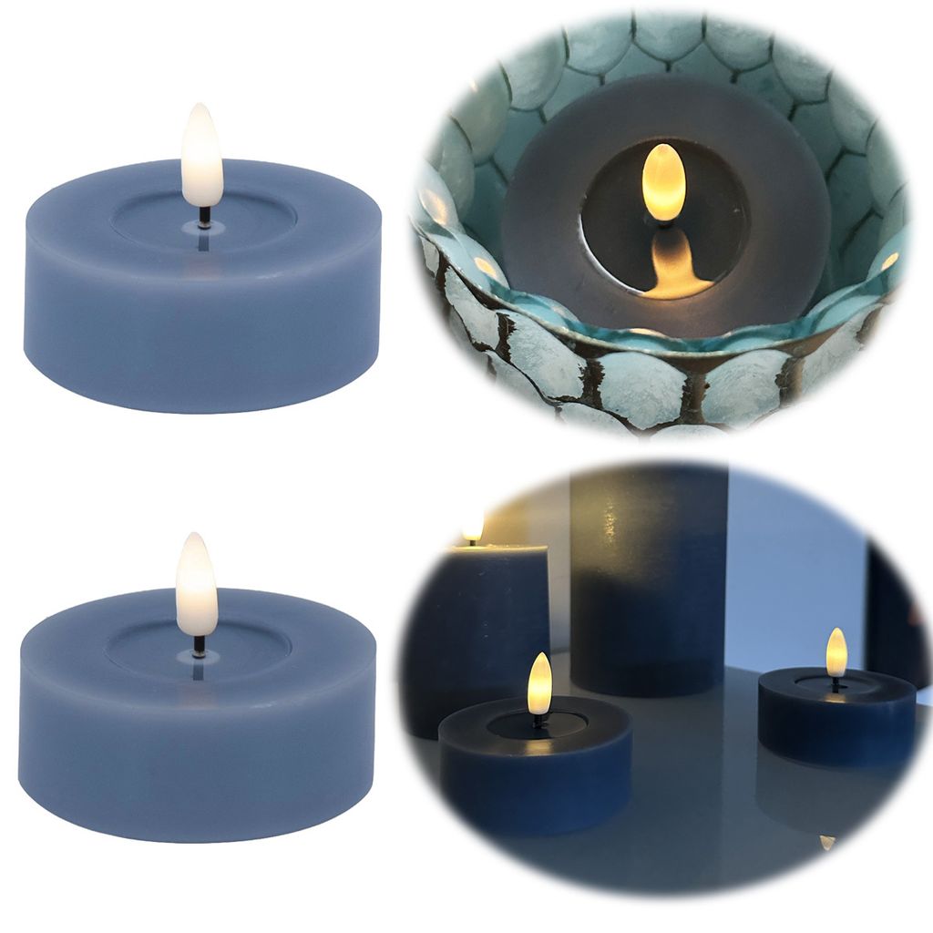 LS-LebenStil 2x XL LED 3D Teelichter Ribe Blau 6,8x3cm Echtwachs-Spiegel flackernde flammenlose Kerze optional mit Fernbedienung / Dimmer / Timer