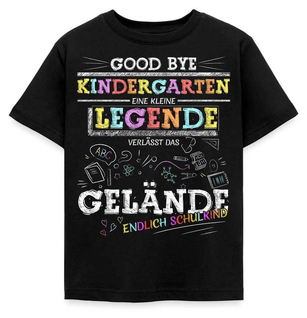 Spreadshirt Kindergarten Legende Verlässt Das Gelände Einschulung Kinder T-Shirt, 98/104 (3-4 Jahre), Schwarz