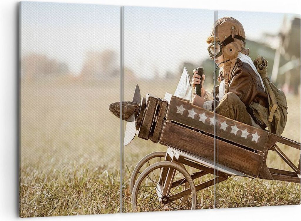 Bild auf Leinwand - Leinwandbild - 3 Teile - Kindheit Flugzeug Spielzeug - 105x70cm - Wand Bild - Wanddeko - Wandbilder - Leinwanddruck - Bilder - ...