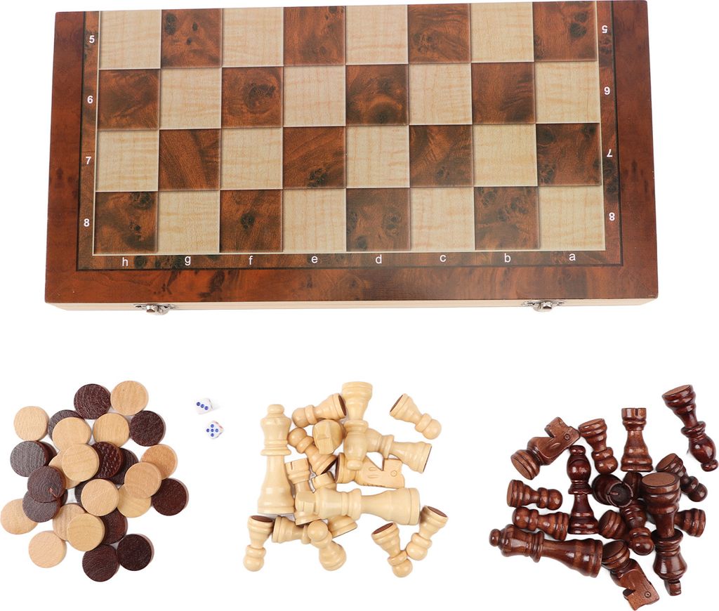 3-in-1 Holz-Schach- & Dameset, tragbares Spiel mit klappbarem Holzbrett, für Kinder & Erwachsene – 39 x 39 cm