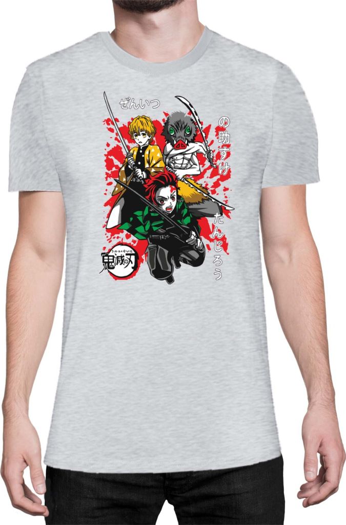 Herren T-Shirt Demon Anime Slayer Kimetsu No Yaiba Tanjiro Zenitsu Inosuke 002, Man 2XL / Grau