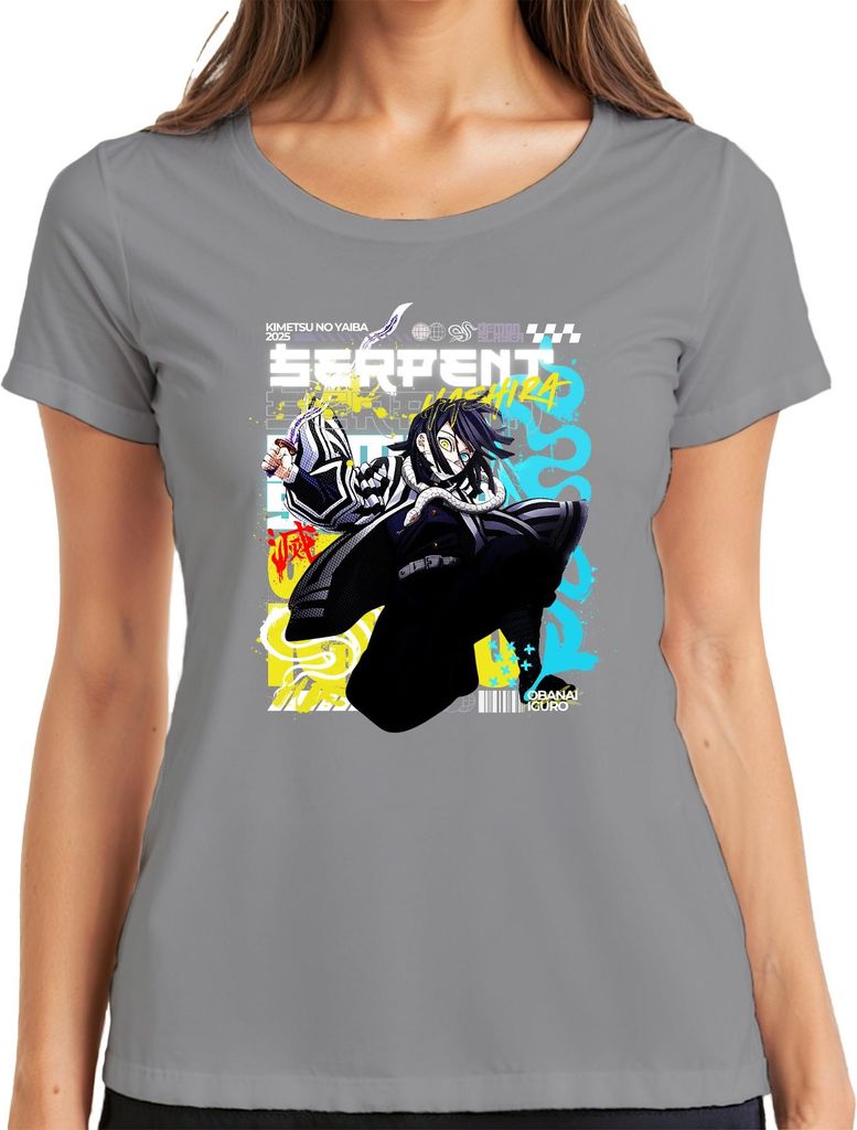 Demon Slayer Obanai Iguro Schlange Hashira Anime Japan Y2K Streetwear Damen T-Shirt, Grau, M
