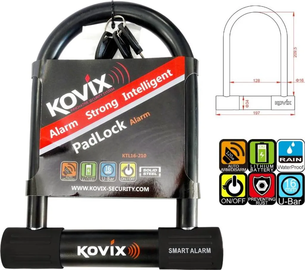 Kovix KTL16-210 Lucchetto ad Arco Allarmato 120dB - Sicurezza Moto