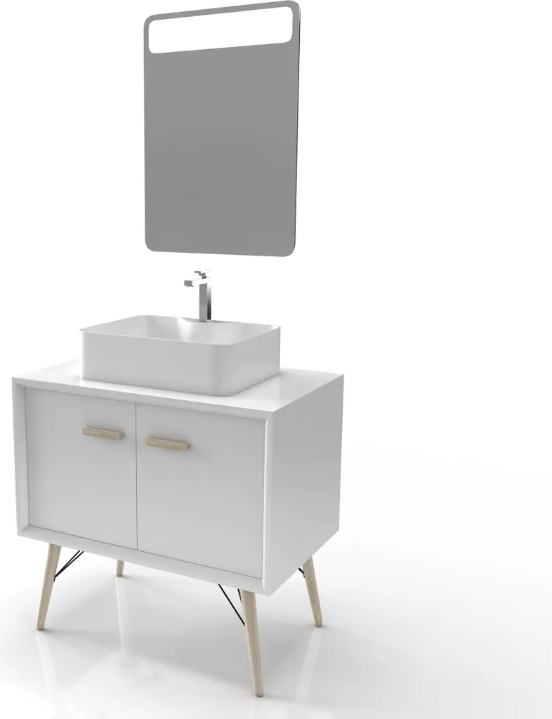 Meuble de Bain 80 cm avec Portes Vasque à Poser et Miroir LED Scandinave