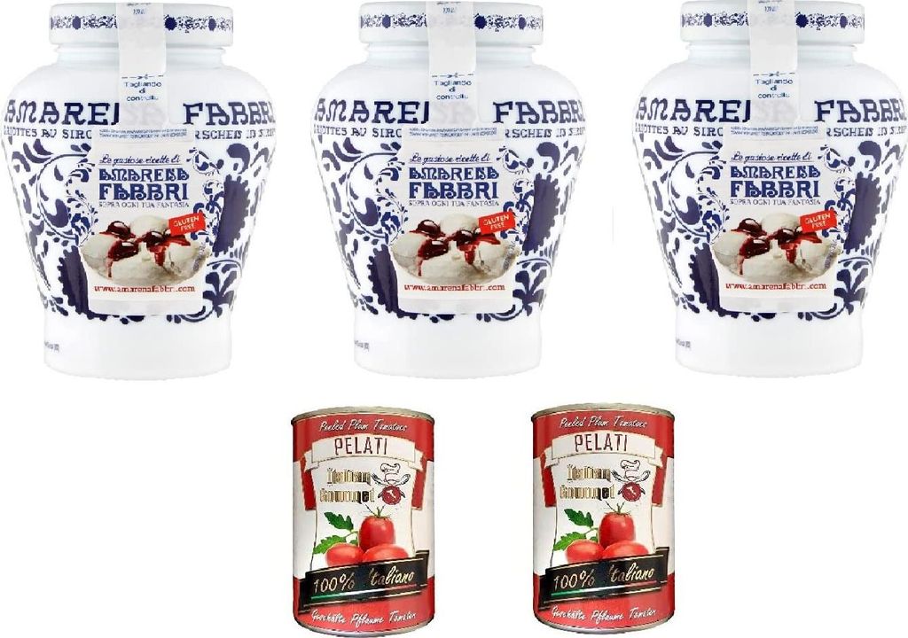 Fabbri Amarena Obst Und Sirup Kirschen in Siurp Amarena Fabbri 600g + Italian Gourmet 100% italienische geschälte Tomaten dosen 2x 400g