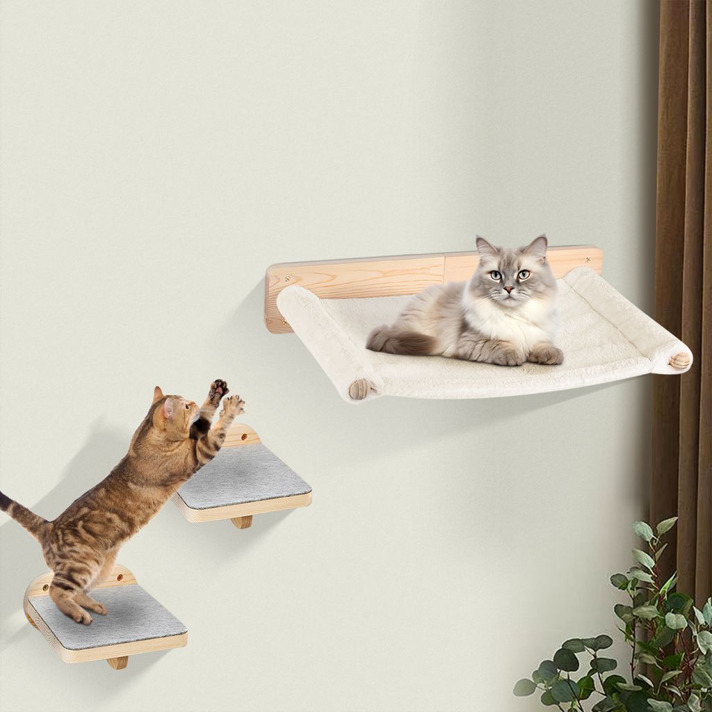 3tlg Kletterwand KatzenSet Katzenhängematte mit Katzentreppe für die Wand Wandliege Katzen aus Massivholz 61x40x15cm