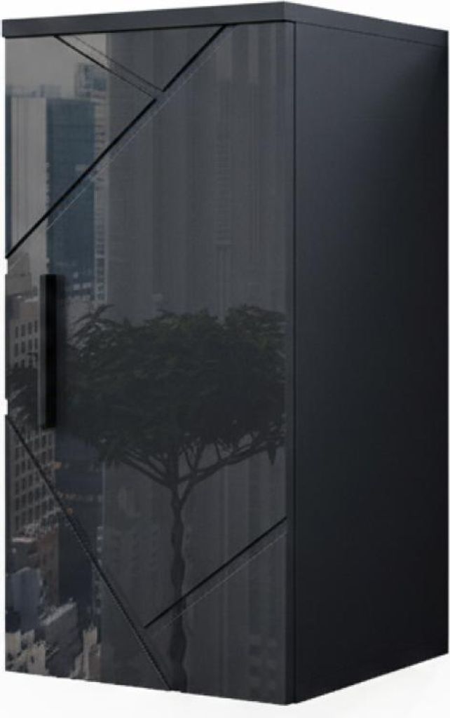 A tall, narrow cabinet with a dark, glossy front featuring a geometric pattern and a city skyline and tree reflection. The right side of the cabinet is solid black.