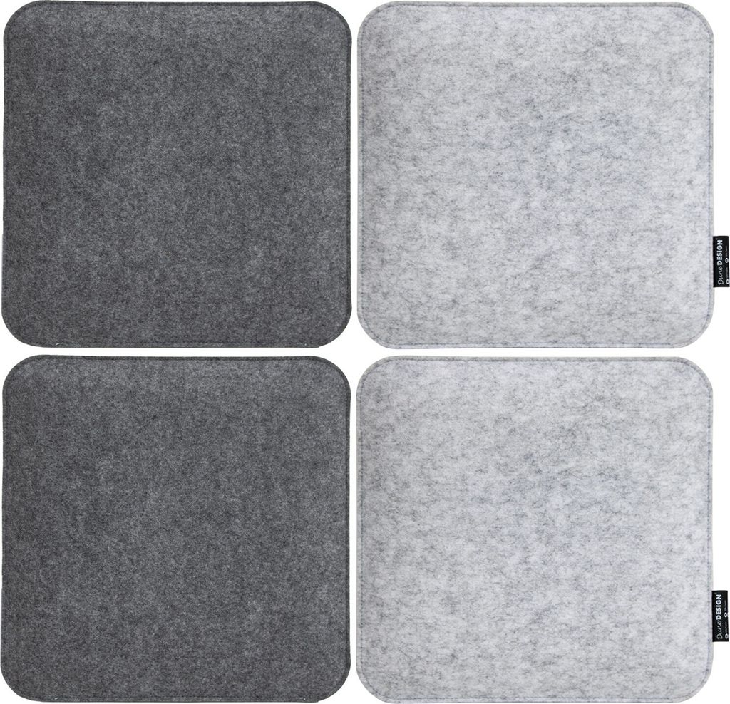 Four square felt seat cushions, two dark gray and two light gray, are arranged in a 2x2 grid on a white background.