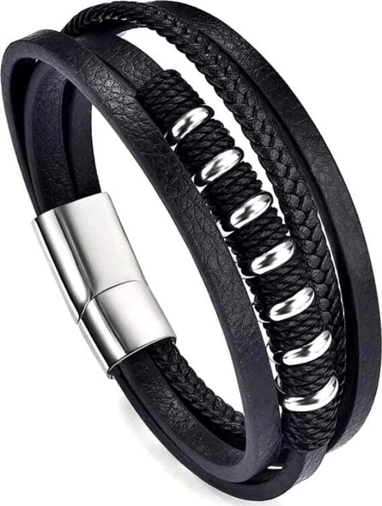 Bracciale da uomo in ecopelle nera con chiusura magnetica in acciaio inossidabile, lunghezza 21,5 cm