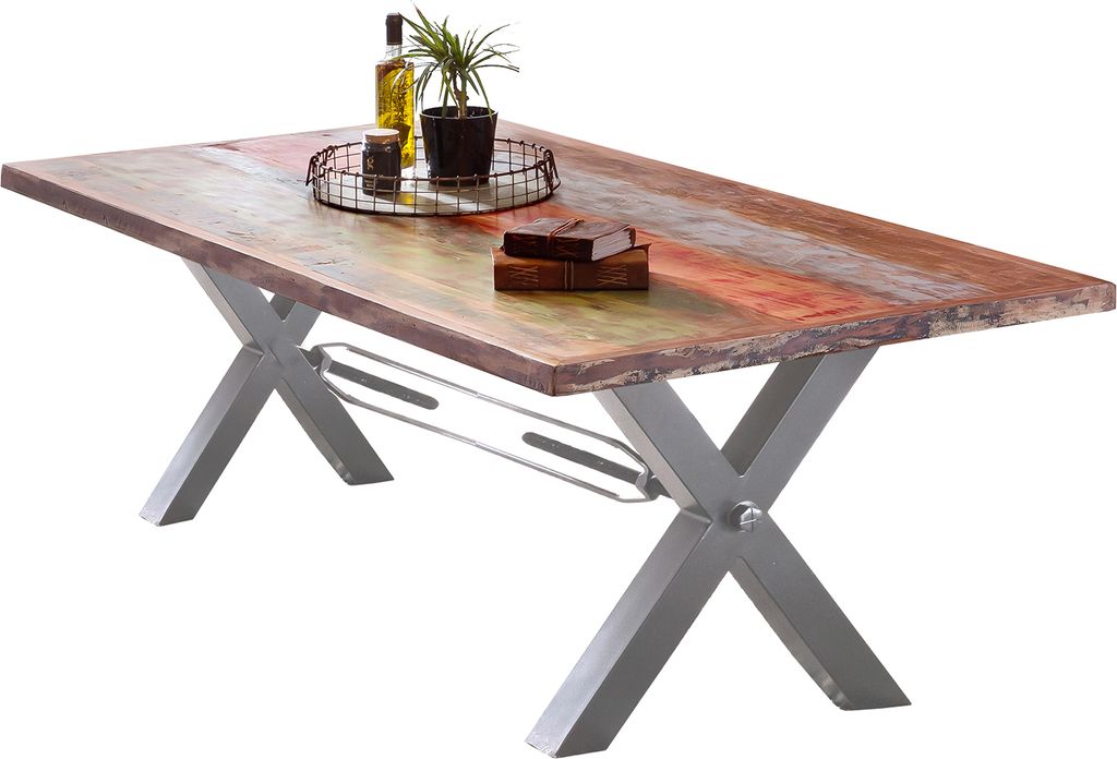 SIT Möbel Esstisch aus Altholz | 200 x 100 cm | Platte 40 mm bunt lackiert | X-Gestell antiksilber | B 200 x T 100 x H 76,5 cm | 15103-40 | Serie ...