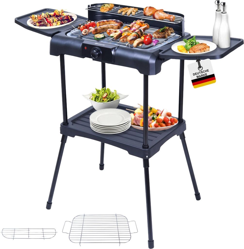 An electric grill with food and accessories on a white background.