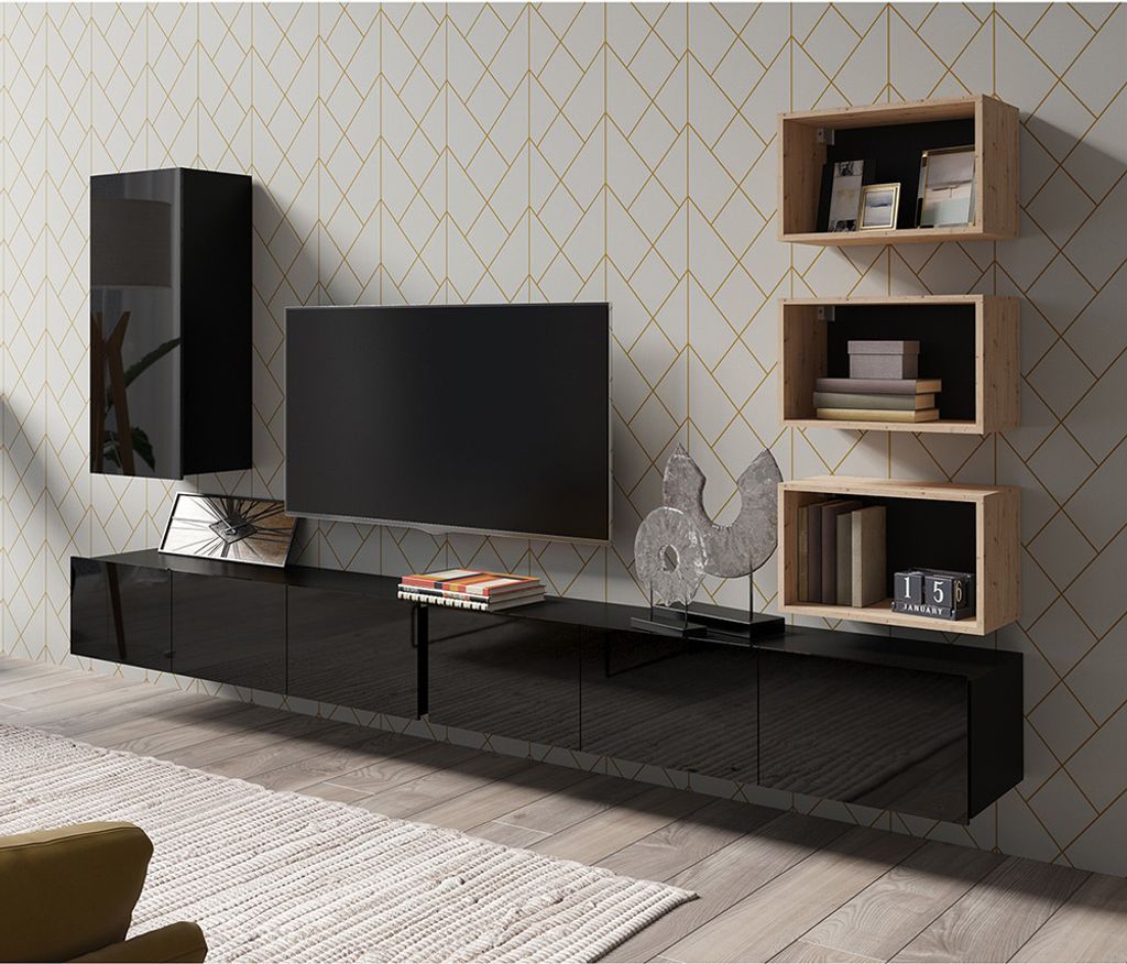 Wohnwand in schwarz Hochglanz mit Artisan Eiche Nb. CAIRNS-132, B/H/T ca. 300/200/43 cm