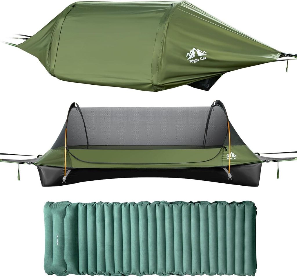 Night Cat Hängematte Outdoor Wetterfest: Hängemattenzelt Flach Liegend mit Moskitonetz Tarp und Aufblasbare Schlafmatte XXL für 1 Personen Campi...