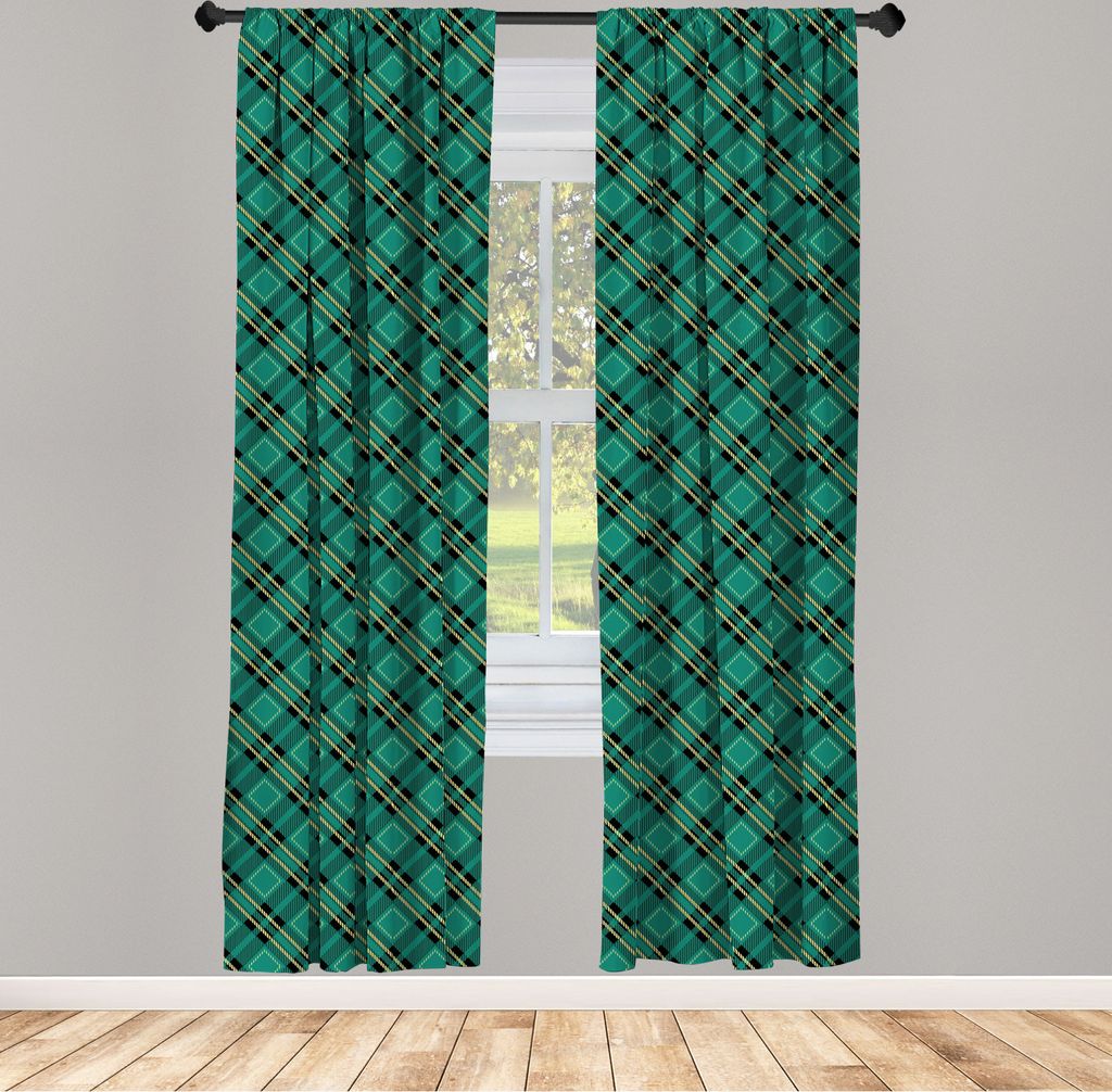 ABAKUHAUS Keltisches Grün Vorhänge, Gardinen, Klassische Tartan diagonale Linien Arrangement Plaiddruck, 2 Stück 75 x 245 cm, , Teal Pastellgelb