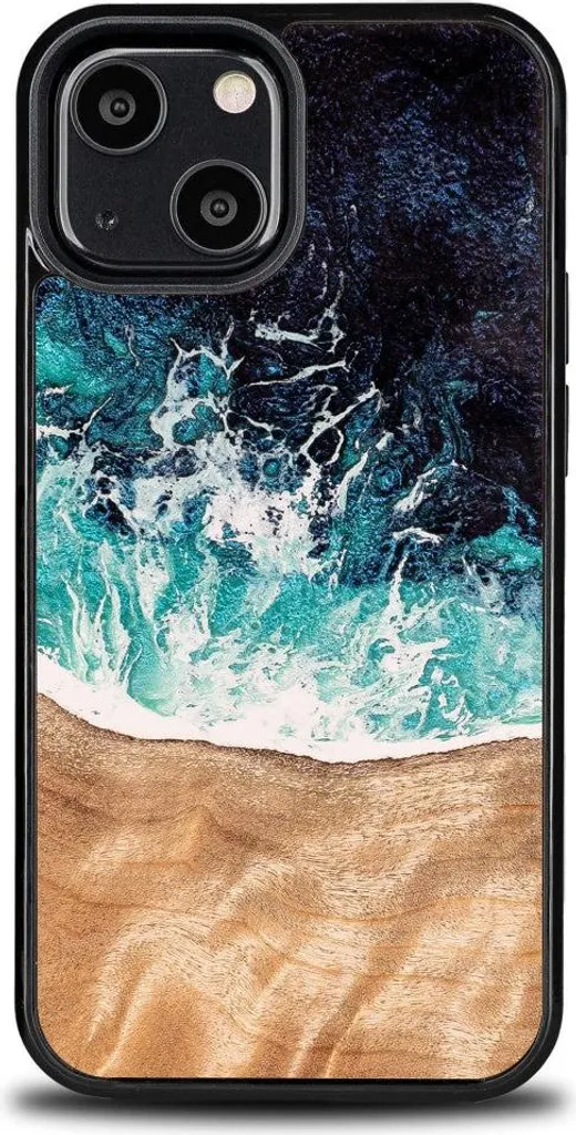 Étui iPhone 13 Mini bois fait main, motif Unique Dream Island coloris bleu