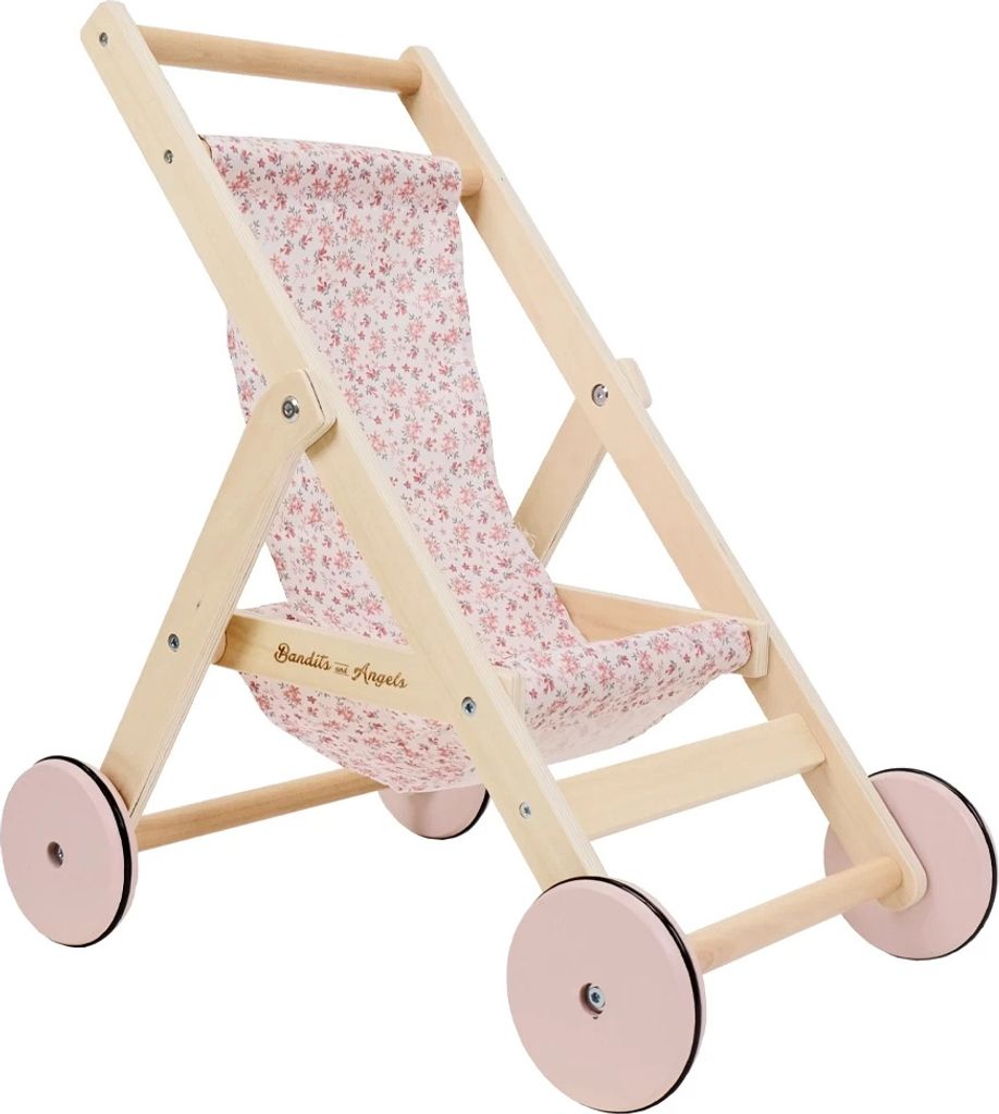 Bandits & Angels Puppenbuggy Lovely Flowers aus Holz – ab 2 Jahren – Puppenwagen aus Holz – für Puppen bis 50 cm – Puppenwagen Rosa mit Bl...