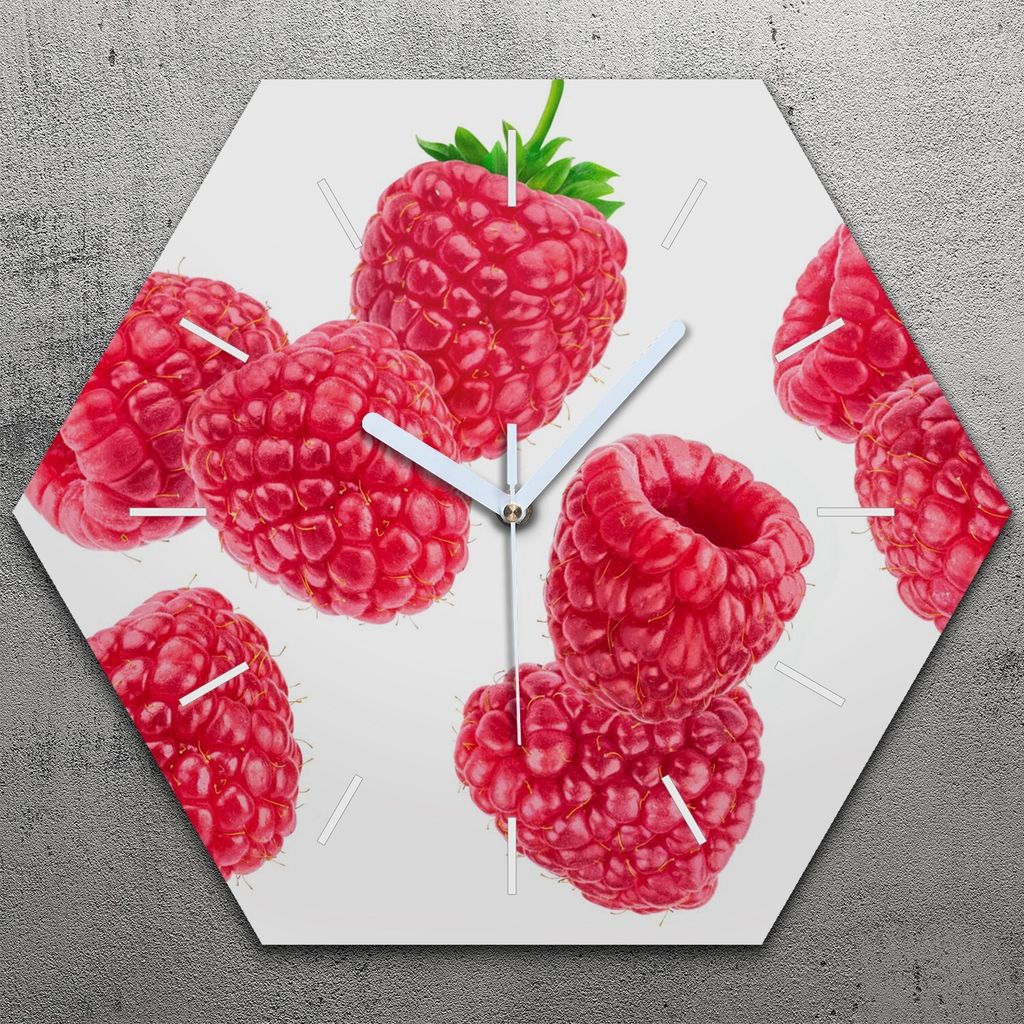 Uhr hexagonal 40 cm Glas Geräuschlos weiße Zeiger - Weiße Farbige Früchte