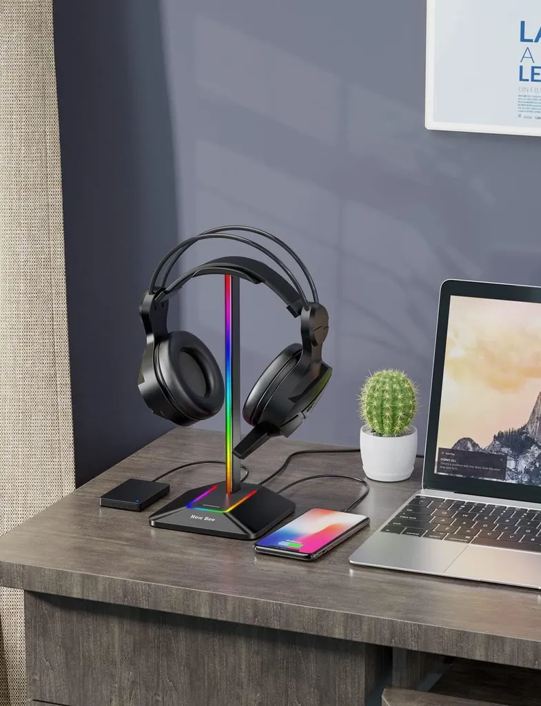 Support casque RGB noir avec hub USB Type-C et transfert de données PC