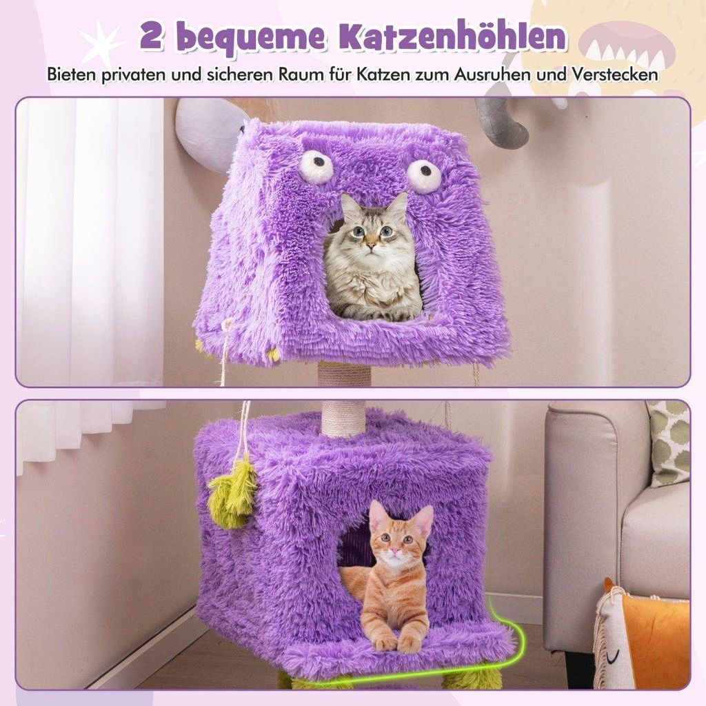 Kratzbaum Klein 111cm Monster-Thema Katzenbaum mit 2 Katzenhöhlen & abnehmbarem Oberteil Lila