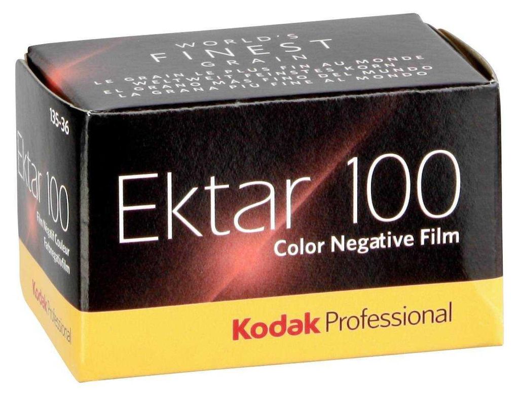 A close-up shot of a Kodak Ektar 100 color negative film box.