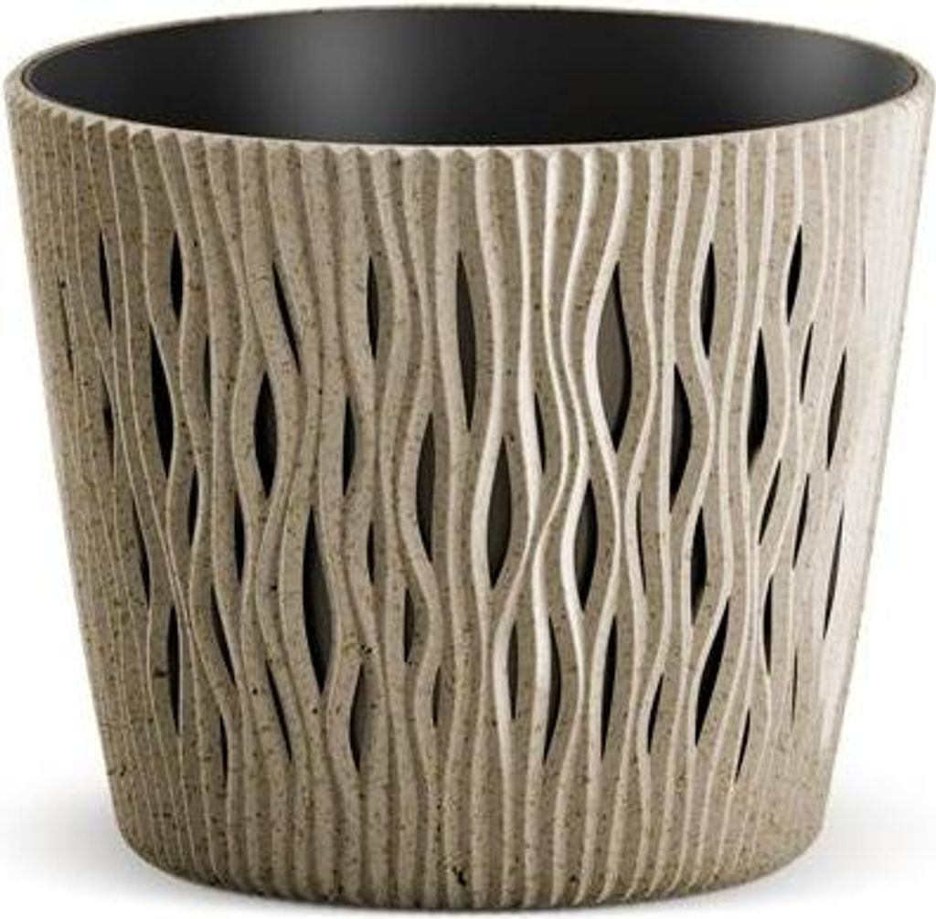 A close-up studio shot of a beige planter with a textured, wavy design.
