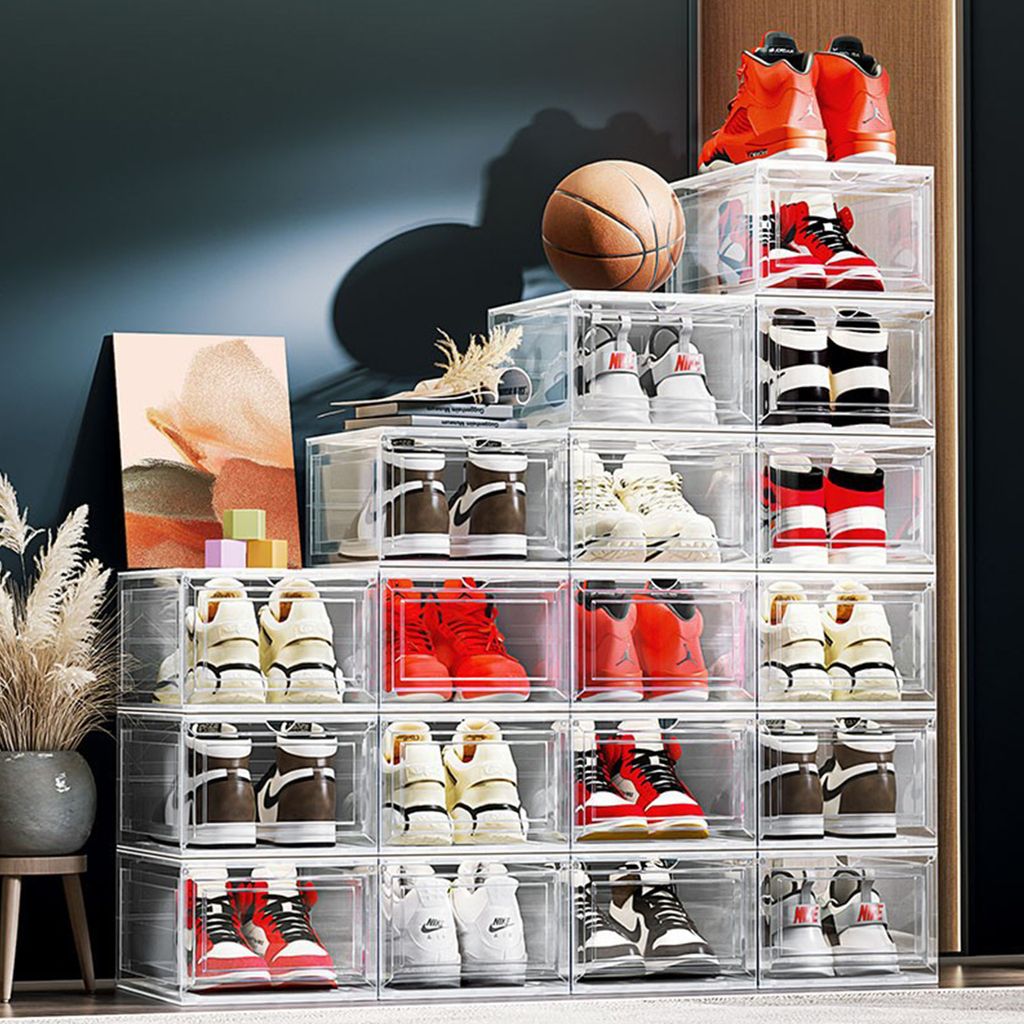 MODFU Schuhboxen Stapelbar Transparent, 3 Stück Hartplastik Schuhkarton, Schuh-Organizer Schuhaufbewahrung für Stöckelschuhe, Stiefeletten