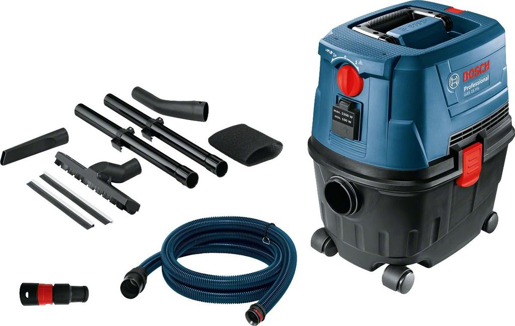 A Bosch vacuum cleaner and its accessories are displayed against a white background.