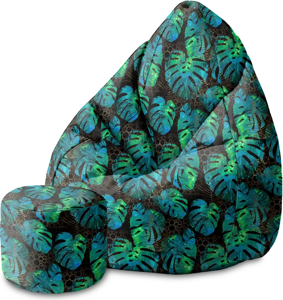 Dreamroots Bean Bag 80x80x120cm Beanbag con schienale e sgabello e copertura Beanbag con imbottitura Beanbag adulti con imbottitura Sea Green Monstera