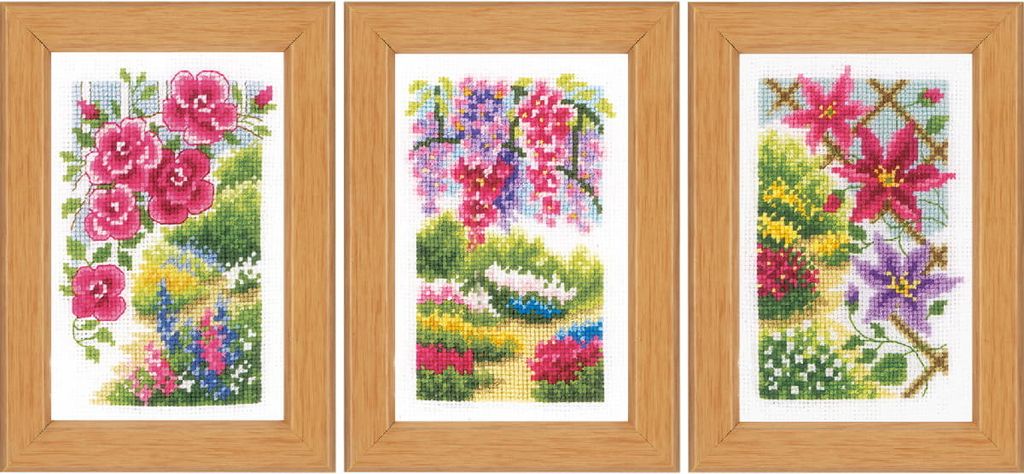 Vervaco Kreuzstich Set "In meinem Garten" 3er Set, Zählmuster, 8x12cm