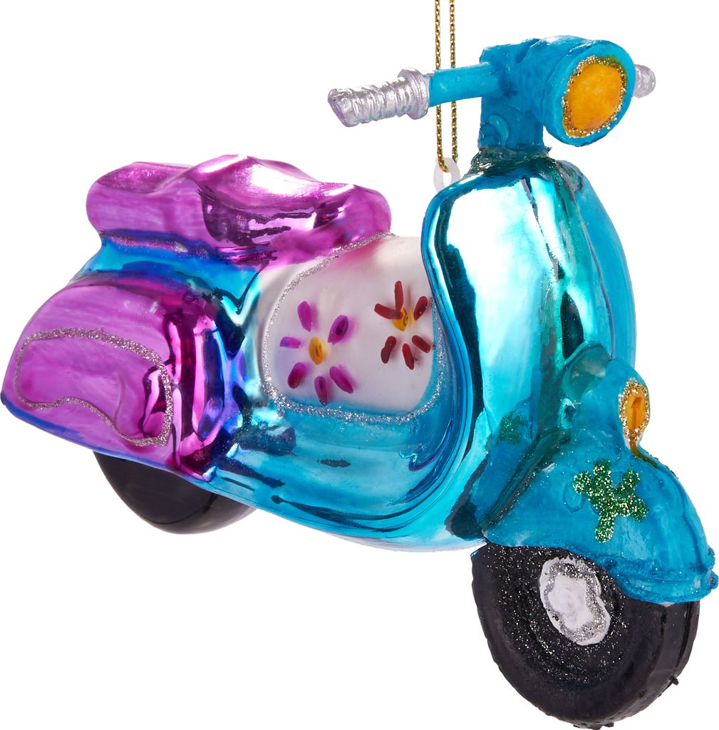 A close-up, studio shot of a decorative glass ornament shaped like a retro scooter.