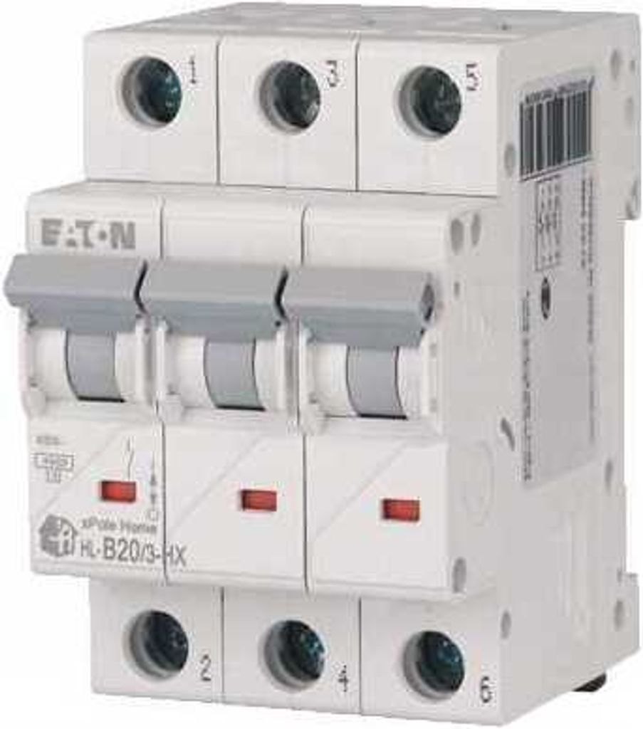 A close-up studio shot of a white electrical circuit breaker.