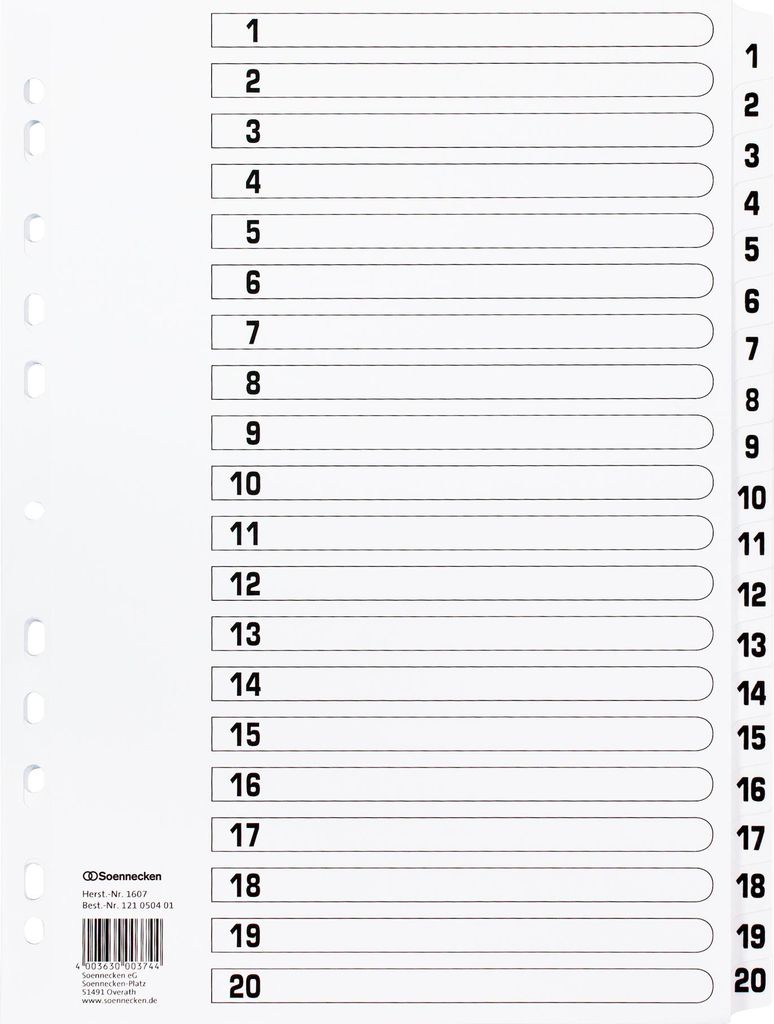 Register Mylar 1607 1-20 weiß Packung mit 15 Stück