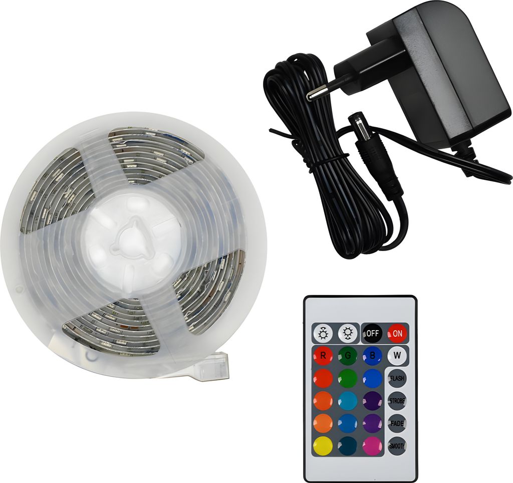 Flexibler LED-Streifen (3 Meter, mehrfarbiges RGB) mit Adapter und Fernbedienung