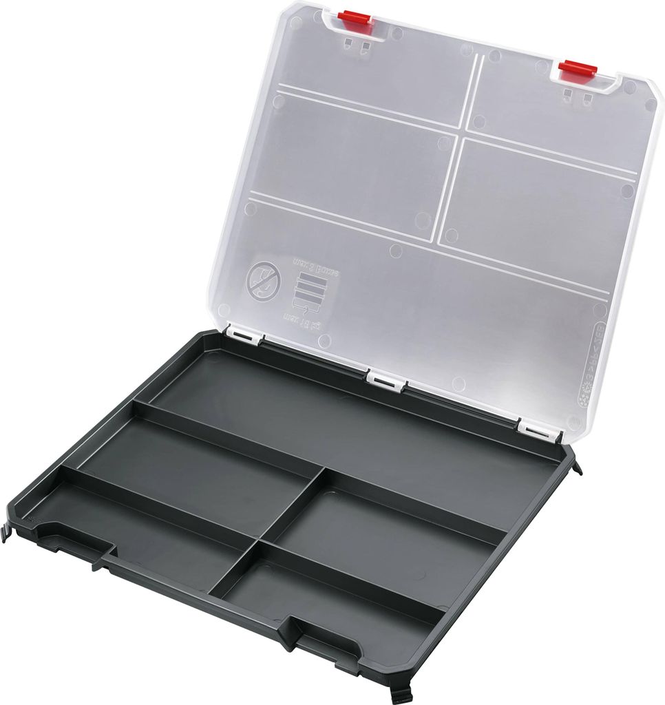 An open storage box with multiple compartments.