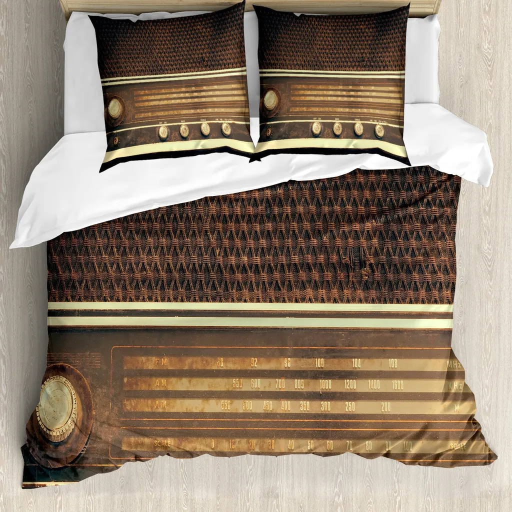 ABAKUHAUS Copripiumino vintage, stile musicale retrò anni '60, antiacaro e anallergico, con federe, 200 cm x 200 cm - 80 x 80 cm, marrone e bianco