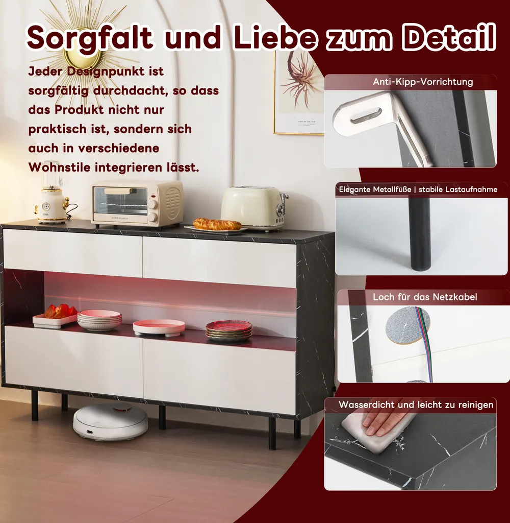 Buffet bas 4 tiroirs à LED commode de salon effet marbre blanc - 9