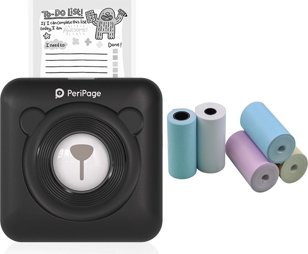 PeriPage Mini Pocket Etikettendrucker Bluetooth Labelprinter Thermodrucker Papierdrucker +5 Stk. 57x30mm Farb-Thermopapierrollenset