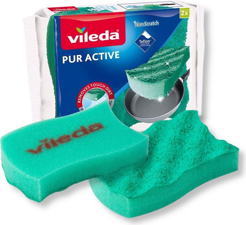 A product shot of Vileda Pur Active sponges, with packaging and two sponges shown.