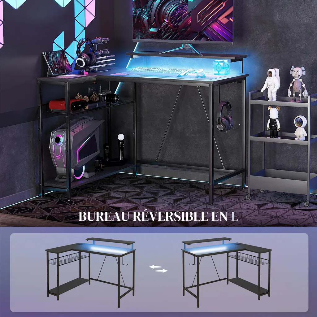 Bureau d'angle réversible HOMCOM avec LED et support d'écran noir