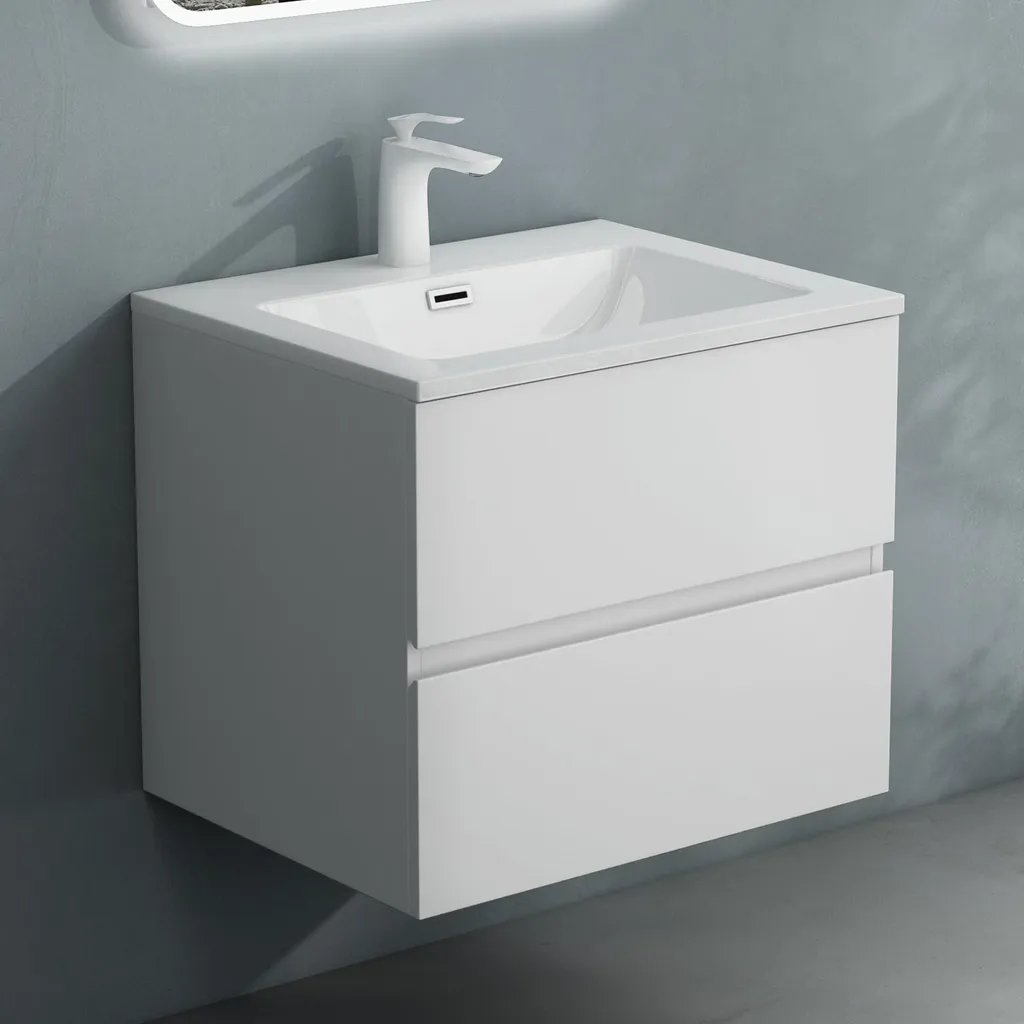 Meuble Vasque Salle de Bain Suspendu avec Lavabo en Solid Surface 60cm