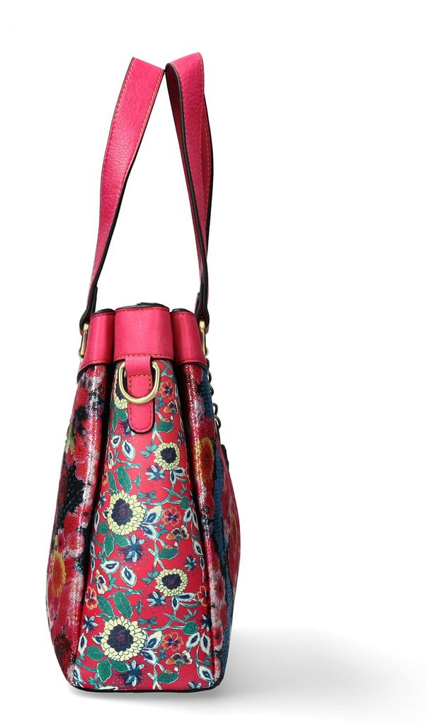 Laura Vita Damen Shopper mit floralem Muster und Blumenanhänger Aurea 05, Farbe:Pink