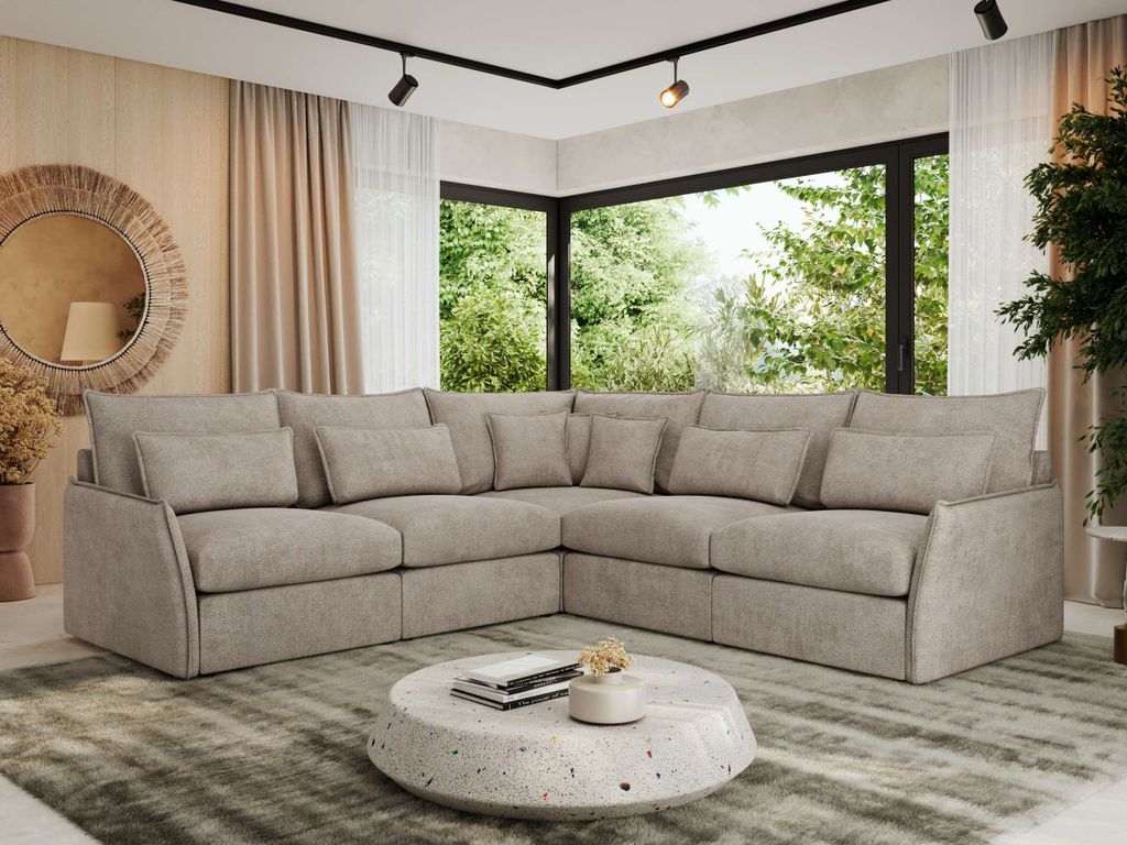 MKS MEBLE Modulares L-förmiges Ecksofa VERSO, Ecksofa für Wohnzimmer, Ecksofa mit losen Kissen, couchgarnitur mit armlehnen - Beige Struktur