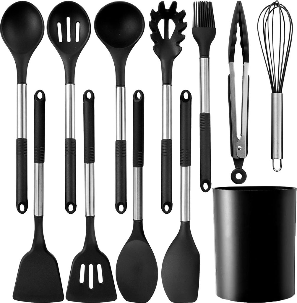 STILVORA Kochbesteck-Sets 12-teilig Silikon, Küchenhelfer Set Silikon Edelstahl, Silikon Küchenhelfer hitzebeständig, Küchenset Silikon mit Hal...