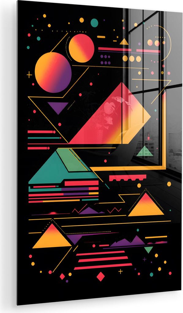 MuchoWow Glasbilder - Bilder auf Wandbild - Foto auf Glas Pyramiden - Kreise - Neonfarben - Geometrisch 40x60 cm Wanddekoration aus Glas - Acrylgla...